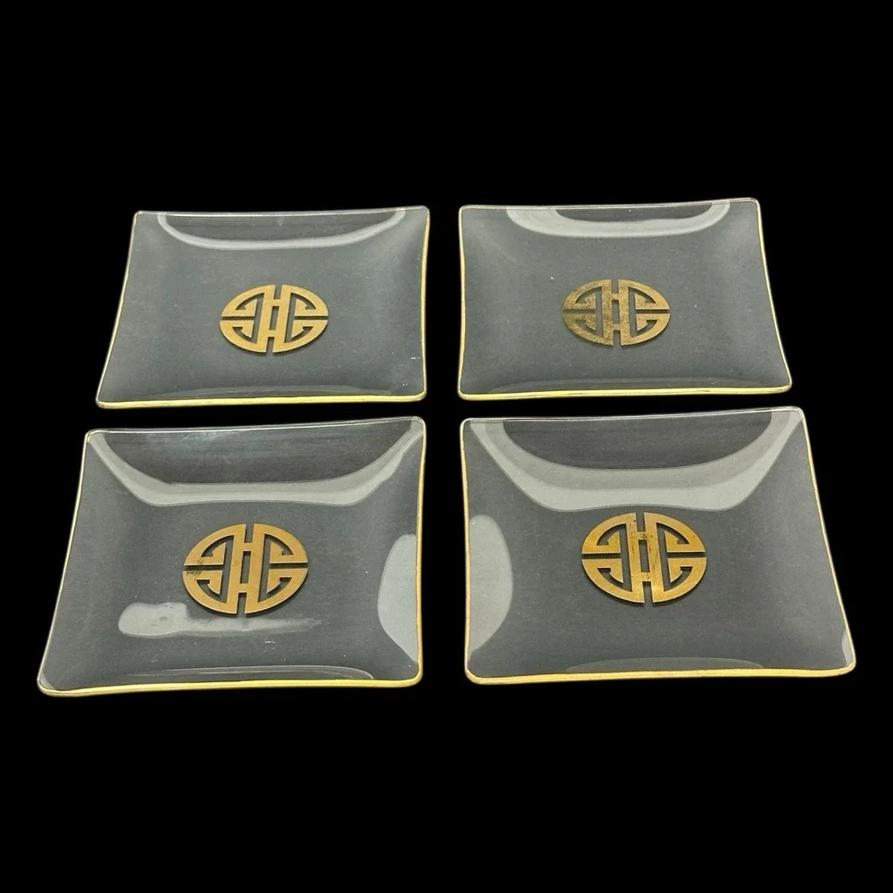 Chinese Longevity Dessert Plate SET OF 4 Prosperity Clear Glass Gold 5